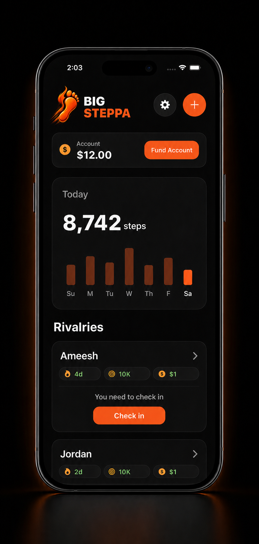 Big Steppa iPhone home screen showing a funded account, seven days of steps, and active rivalry streaks